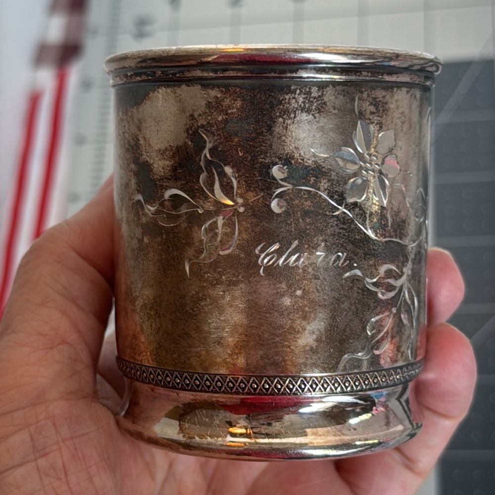 Antique Pairpoint Quadruple Plate Child’s Silver Cup Engraved “Clara”